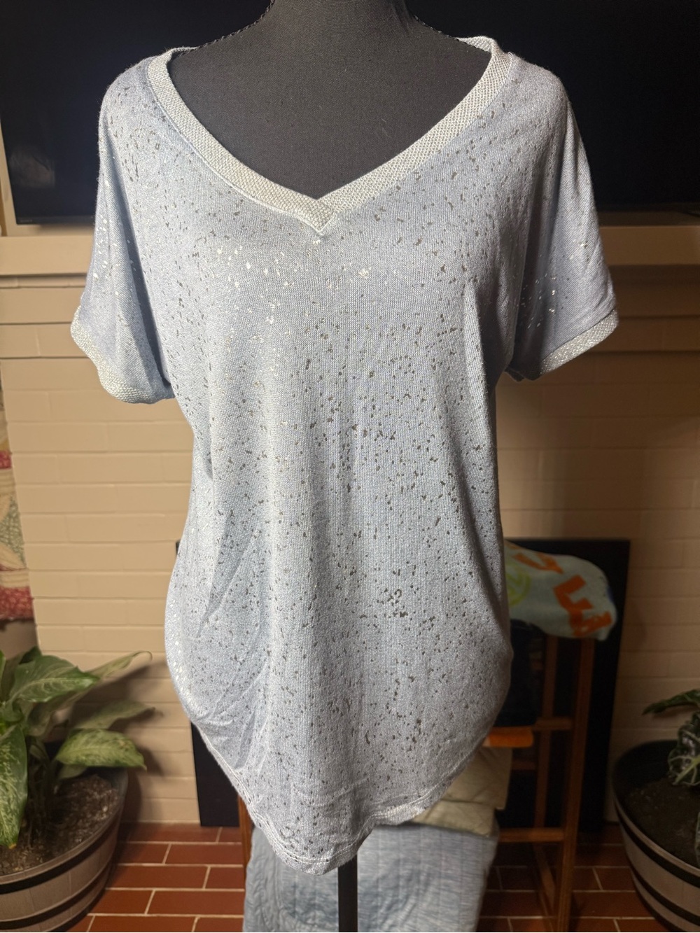 Women's Light Blue V-Neck Short Sleeve Top with Subtle Metallic Sheen